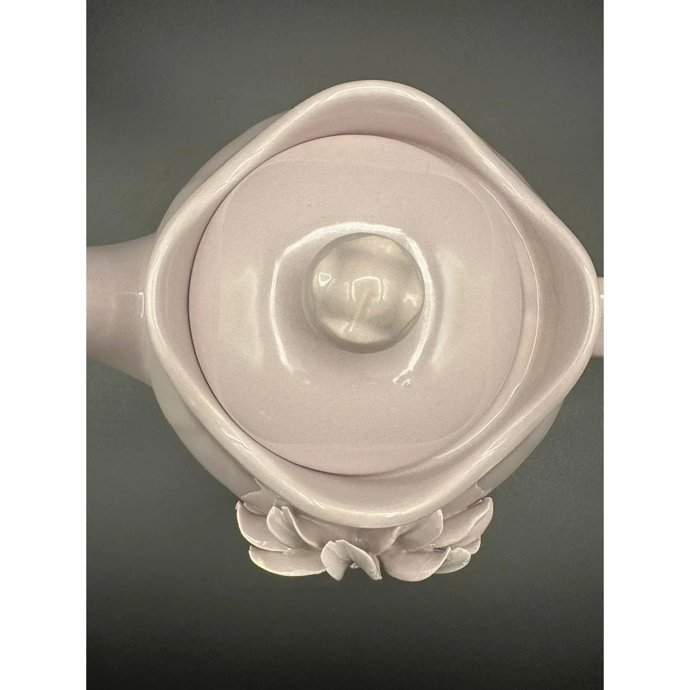 Lavender Ceramic Teapot 3D Floral Applique Scalloped Rim Vintage Pastel 6.5in